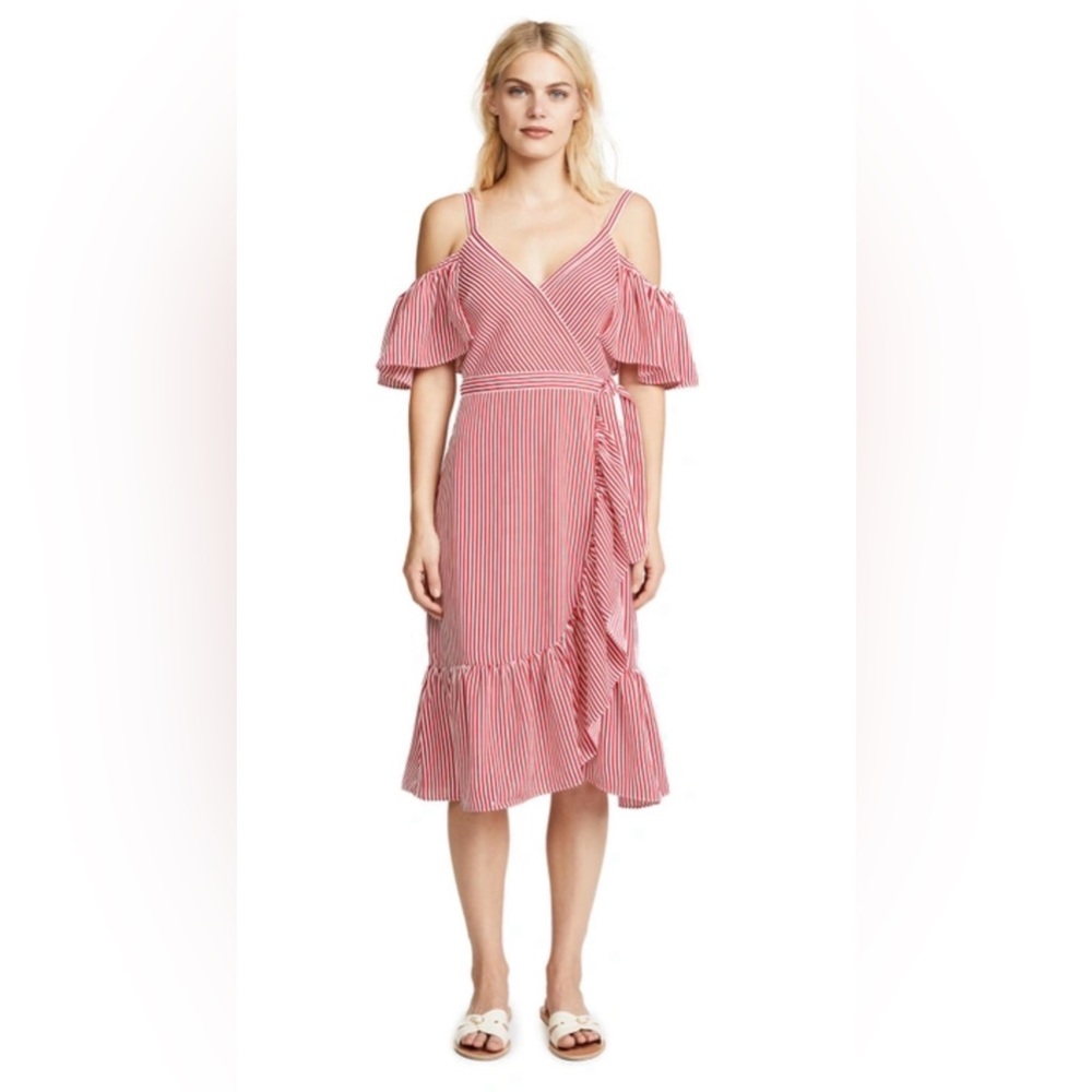 Club Monaco Daphins Wrap Dress Red White Stripe Womens 8 Ruffle Off The Shoulder
